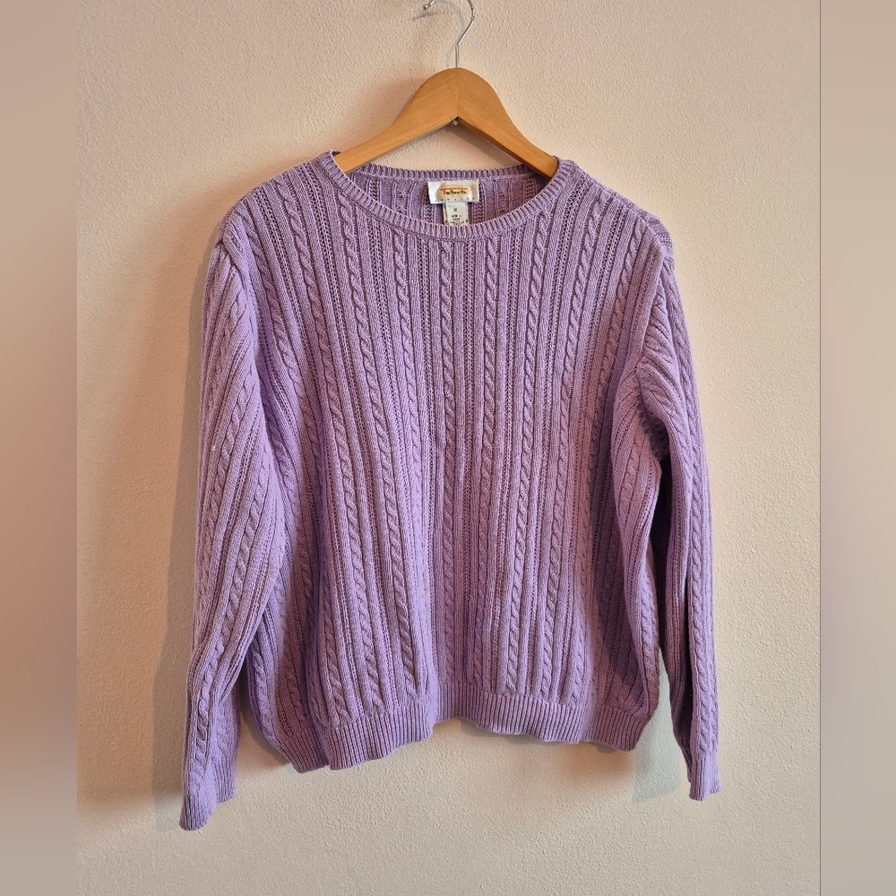 100% Cotton Cableknit Sweater By Talbots Medium Petite Light Purple